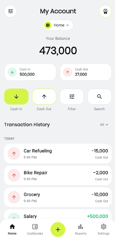 CashWise home screen in light mode